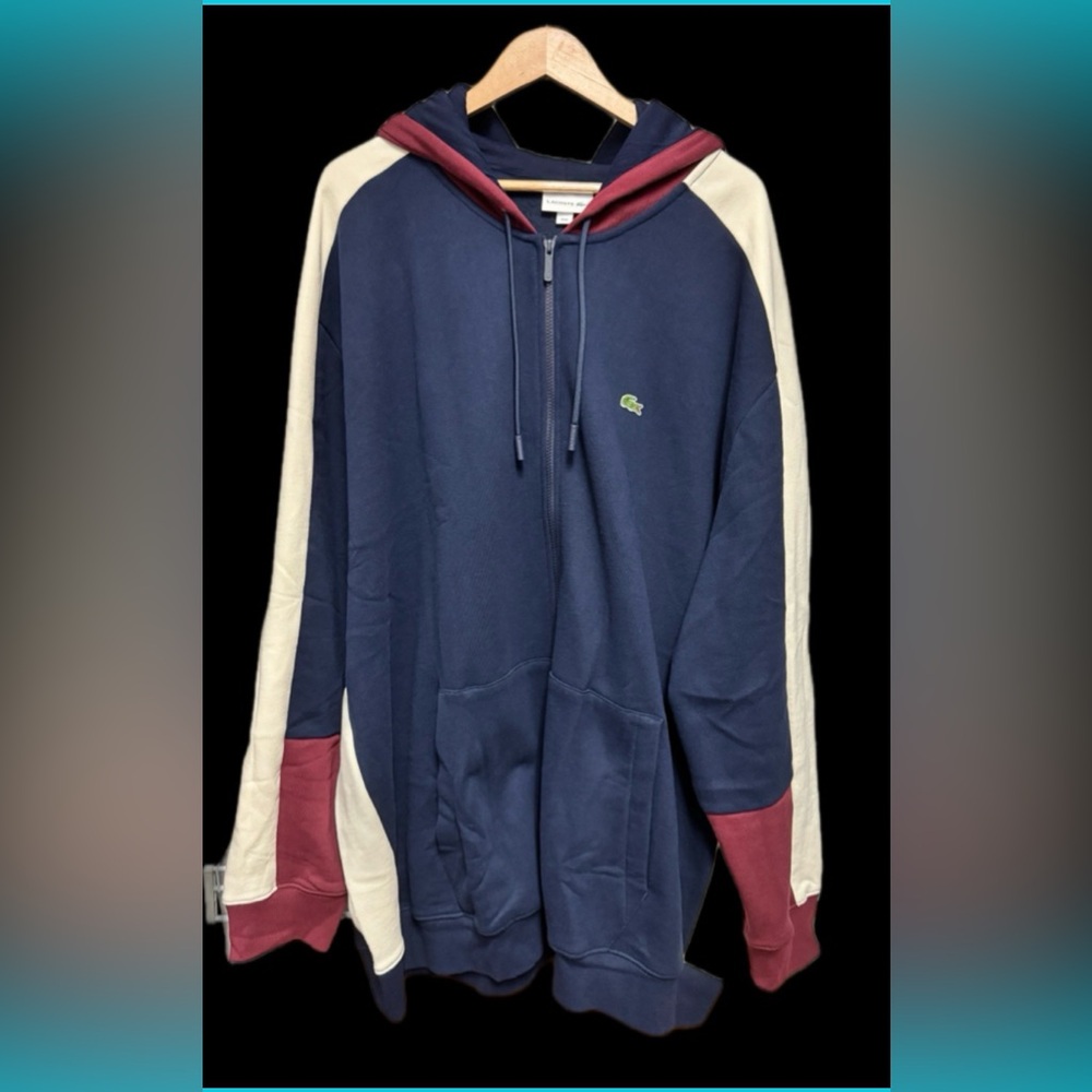 Lacoste Men’s big & tall size 5XLB jacket with hood. Navy & maroon.